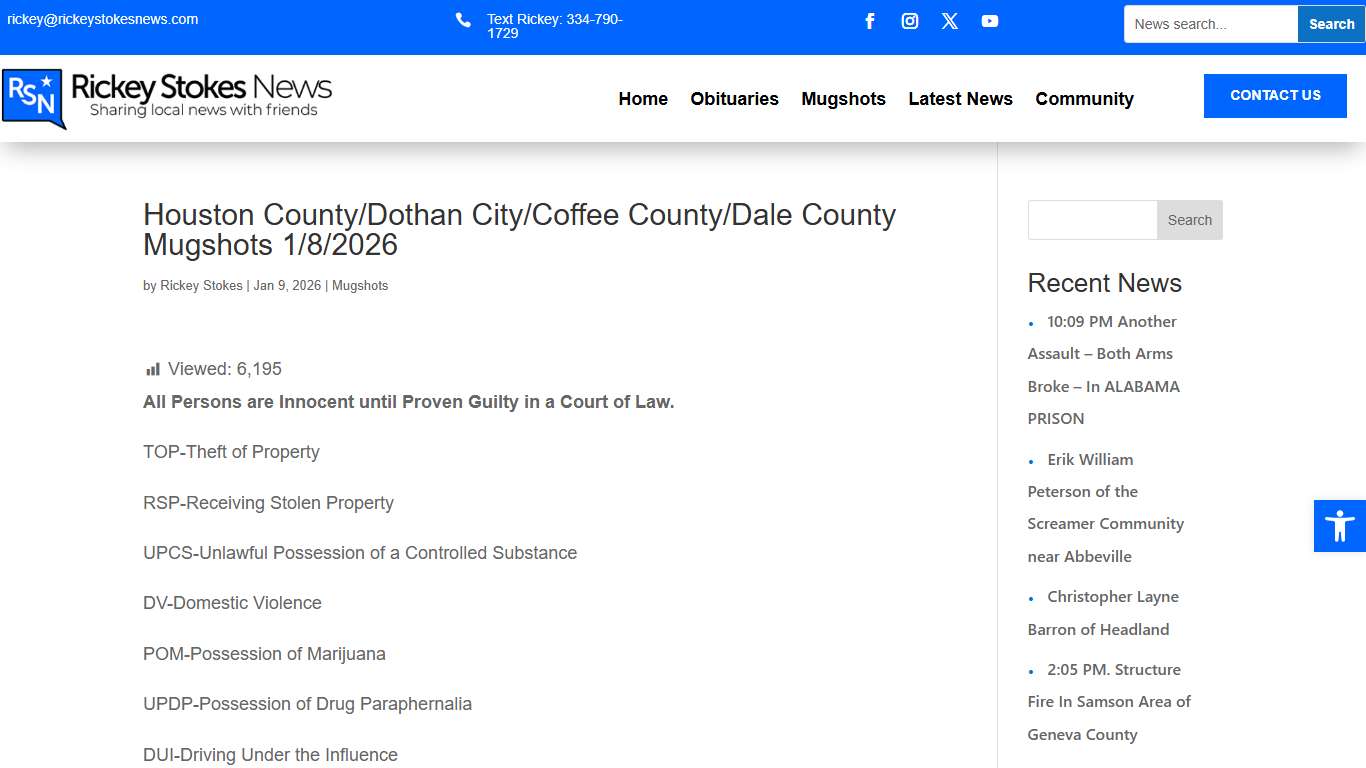 Houston County/Dothan City/Coffee County/Dale County Mugshots 1/8/2026 - Rickey Stokes News